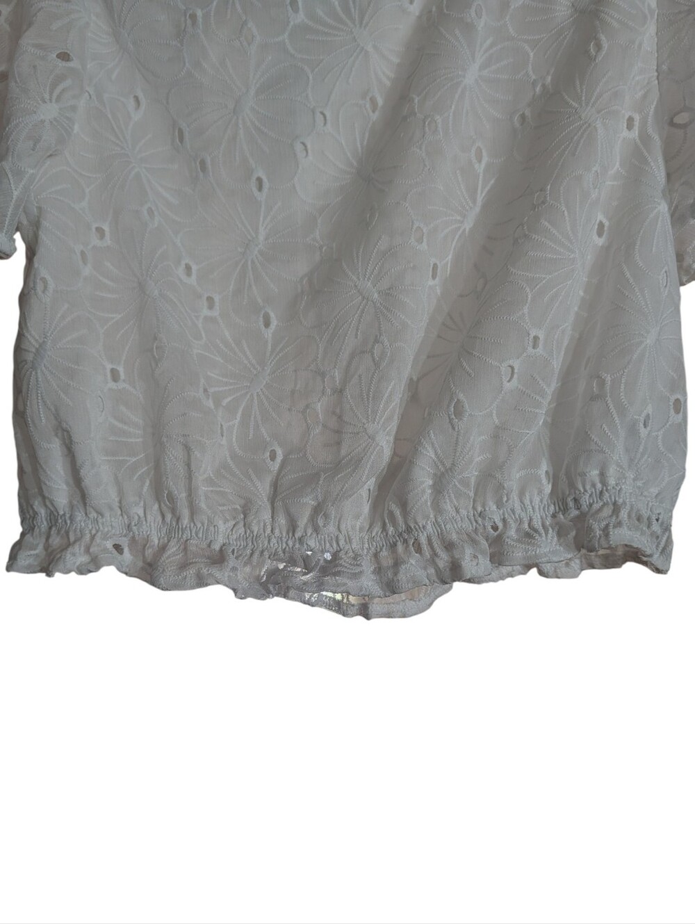 Altar'd State White Floral Eyelet Ruffle Tie-Back Crop Blouse | Cottagecore Boho - Picture 6 of 12